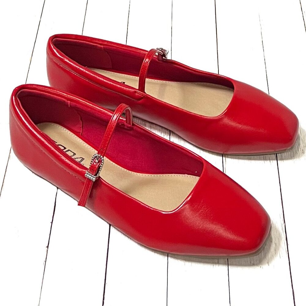 New Womens Red Square Toe Mary Jane Ballet Flats
